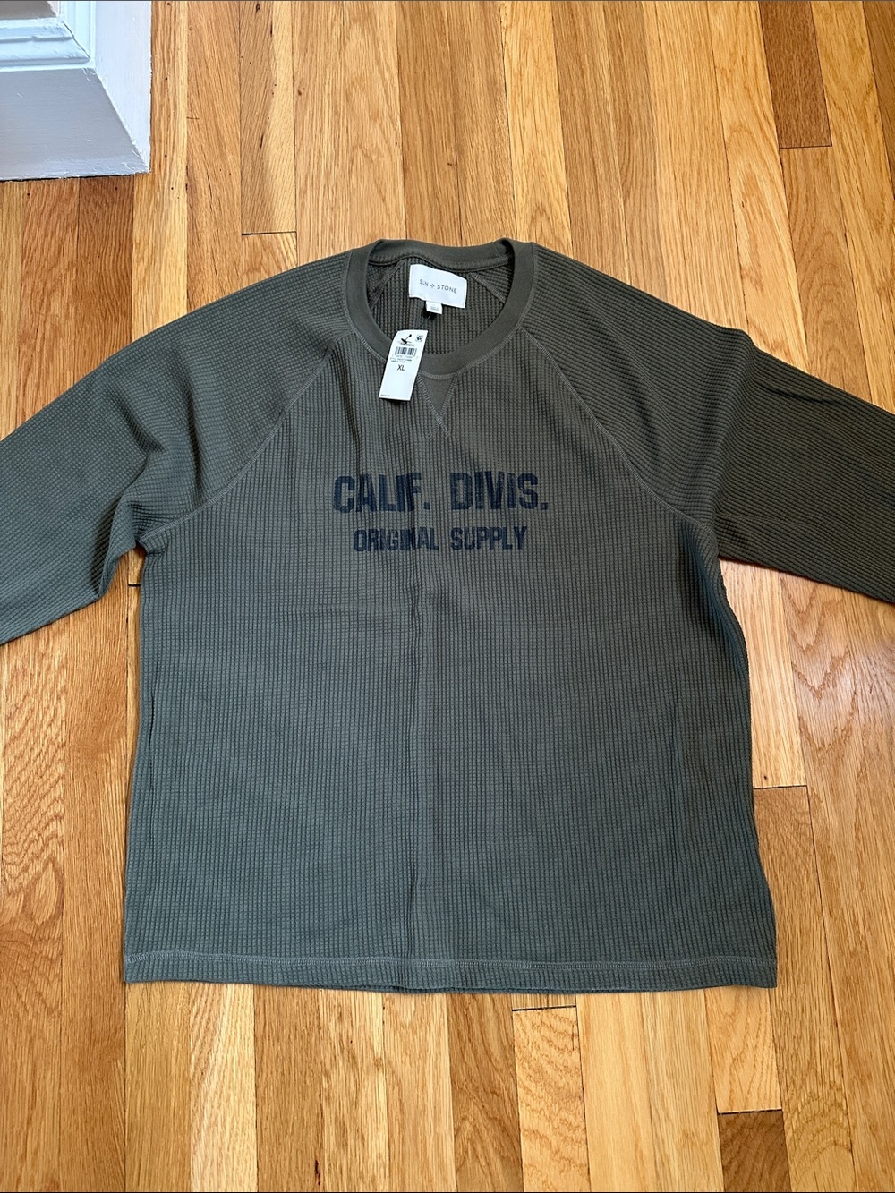 Sun + Stone Olive Green Crewneck Graphic Thermal Sweater